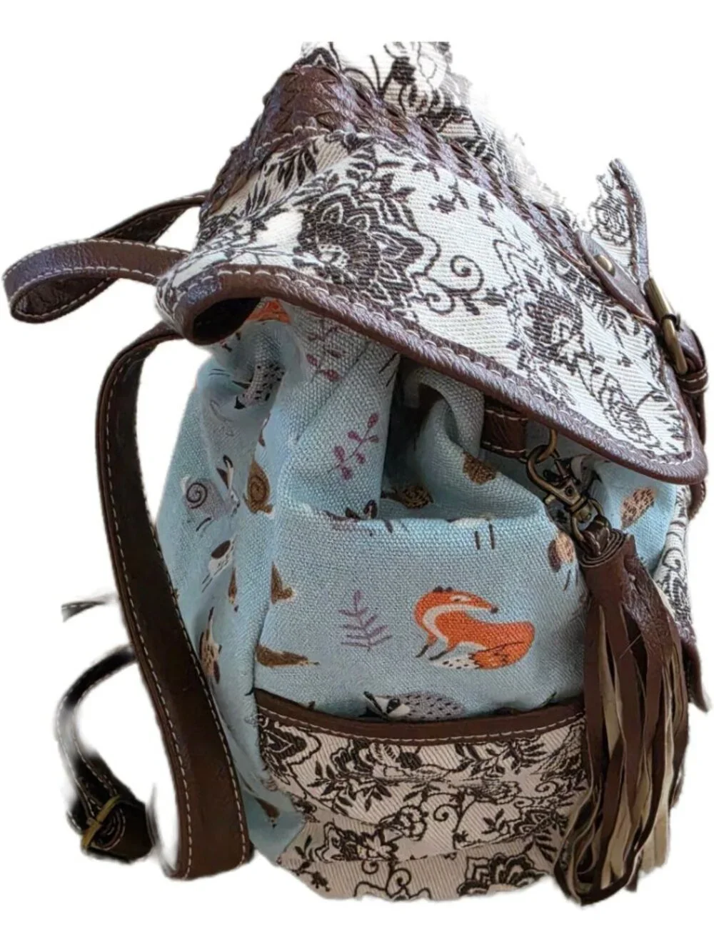 Unionbay Boho Woodland Animal Canvas Mini Backpack Rucksack Floral Tassel EUC